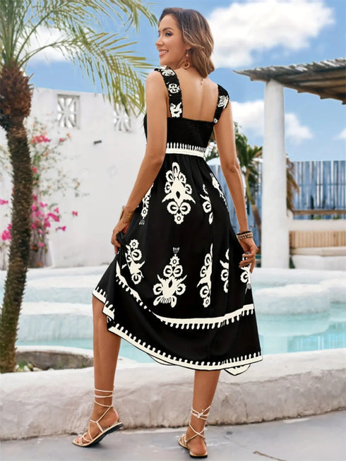 'Valora' Printed Wide Strap Midi Dress - Celes Fashion
